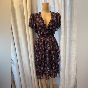 Koko + Mason Women's Brown Metallic Floral Tiered Flutter Sleeve Dress Size XS